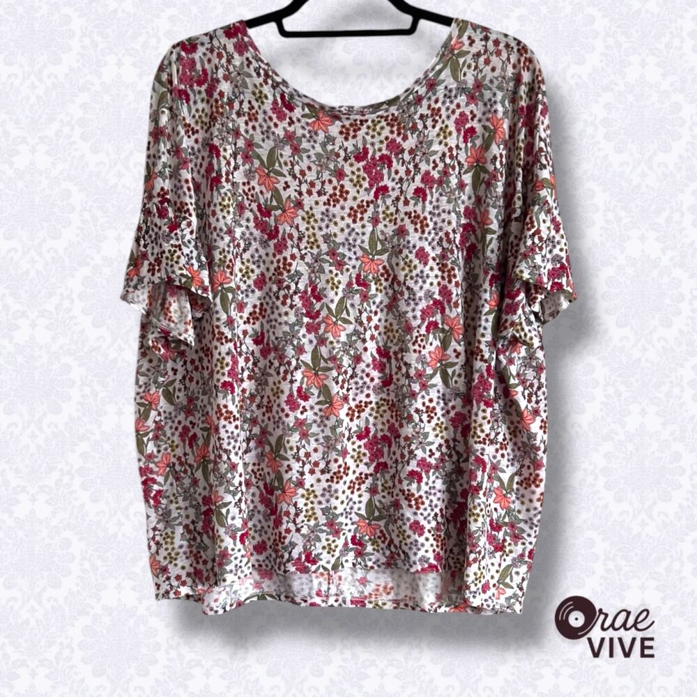 Ann Taylor LOFT Linen Collection Floral Flutter Sleeve Blouse Size XL